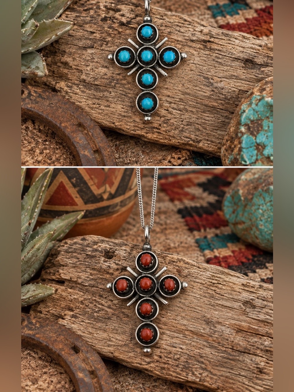 Zuni Native American Sterling Silver Turquoise Coral Cross Pendant Necklace